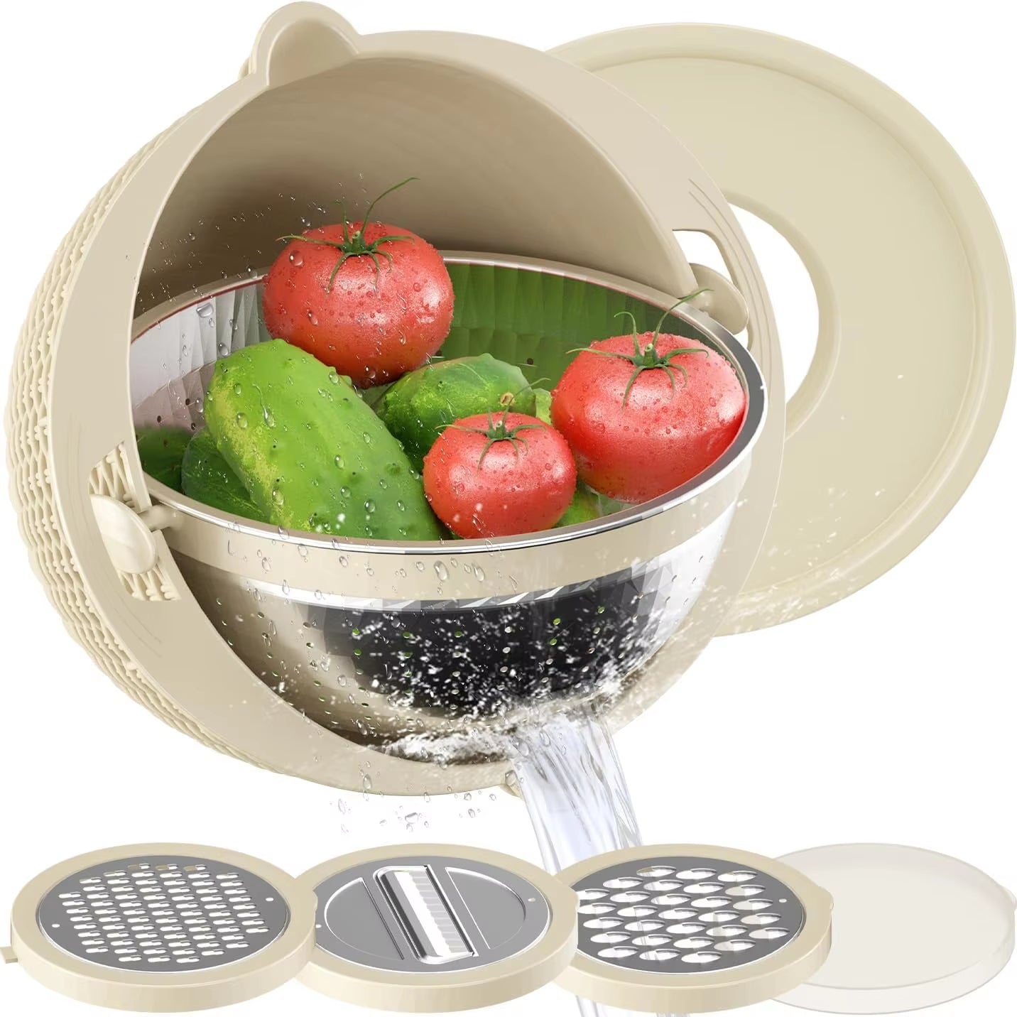 4-1 Colander with Mixing Bowl Set for Kitchen Food Pasta and Rice Strainer Fruit Cleaner Veggie Wash Salad Spinner Apartment