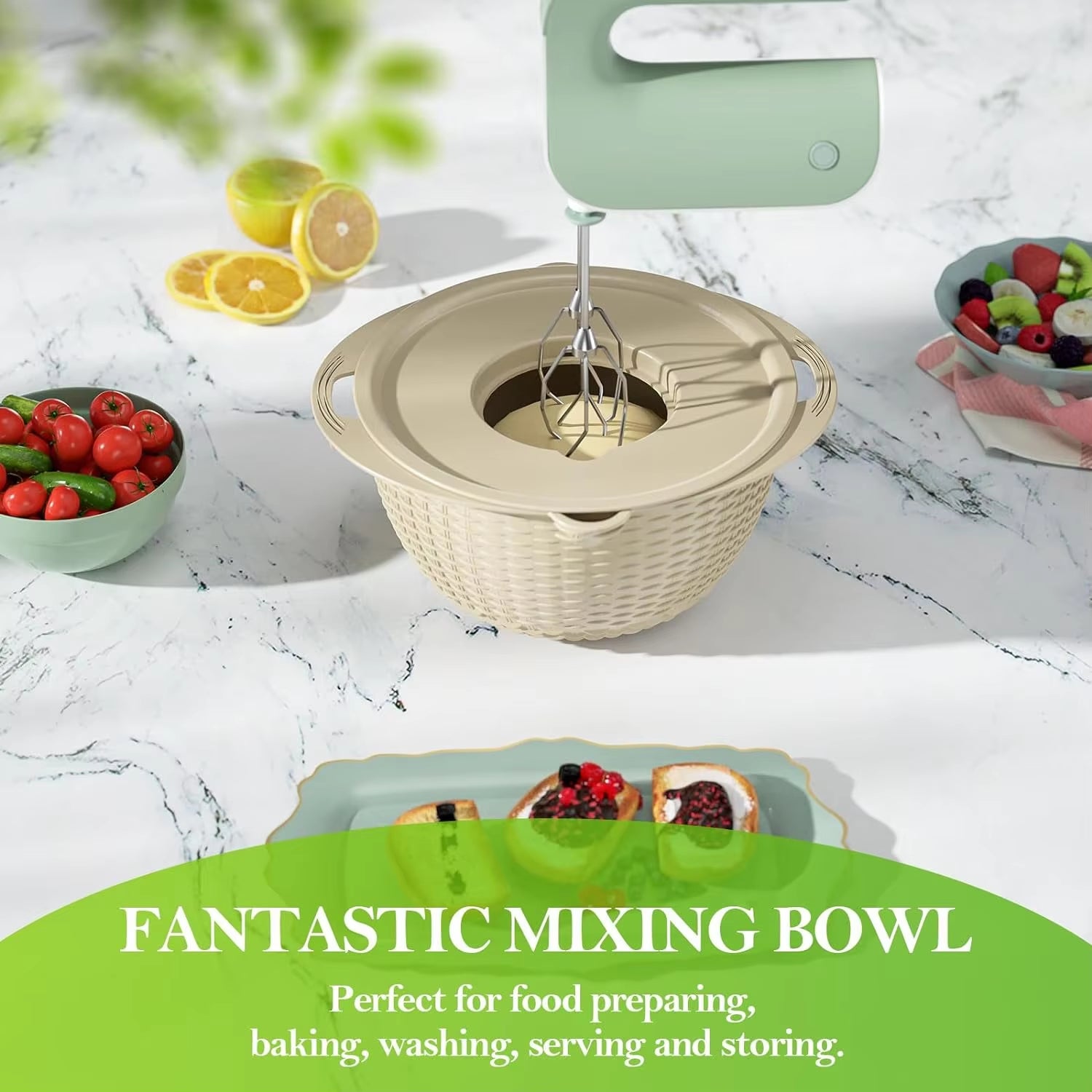 4-1 Colander with Mixing Bowl Set for Kitchen Food Pasta and Rice Strainer Fruit Cleaner Veggie Wash Salad Spinner Apartment