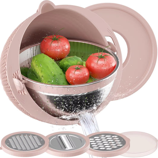 4-1 Colander with Mixing Bowl Set for Kitchen Food Pasta and Rice Strainer Fruit Cleaner Veggie Wash Salad Spinner Apartment
