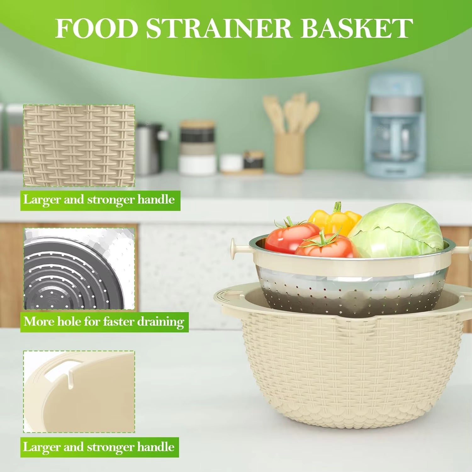 4-1 Colander with Mixing Bowl Set for Kitchen Food Pasta and Rice Strainer Fruit Cleaner Veggie Wash Salad Spinner Apartment