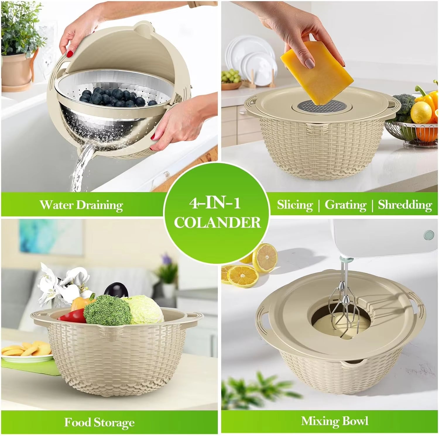 4-1 Colander with Mixing Bowl Set for Kitchen Food Pasta and Rice Strainer Fruit Cleaner Veggie Wash Salad Spinner Apartment